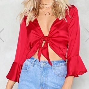 Red Satin Front Tie Top w/ Ruffle Sleeves